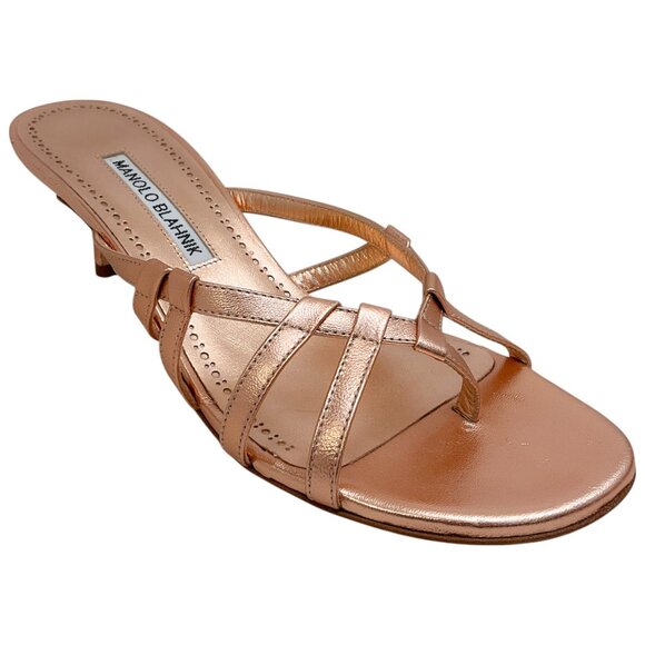 Manolo Blahnik Rose Gold Metallic Leather Slide Sandals - Picture 1 of 6